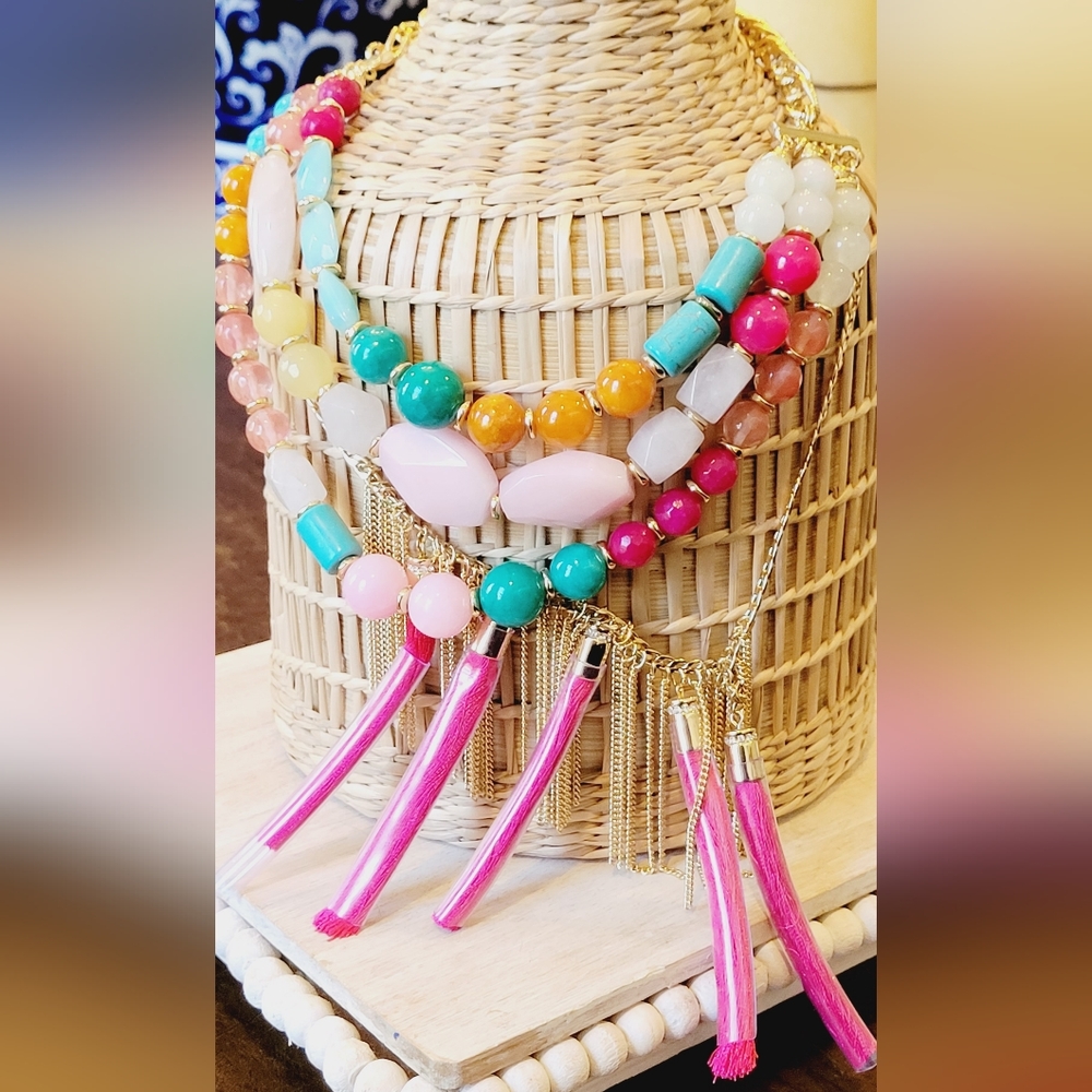 NWT ❤️ Tommy Bahama Semi Precious Stone-Multi-Color Tassel Statement Necklace